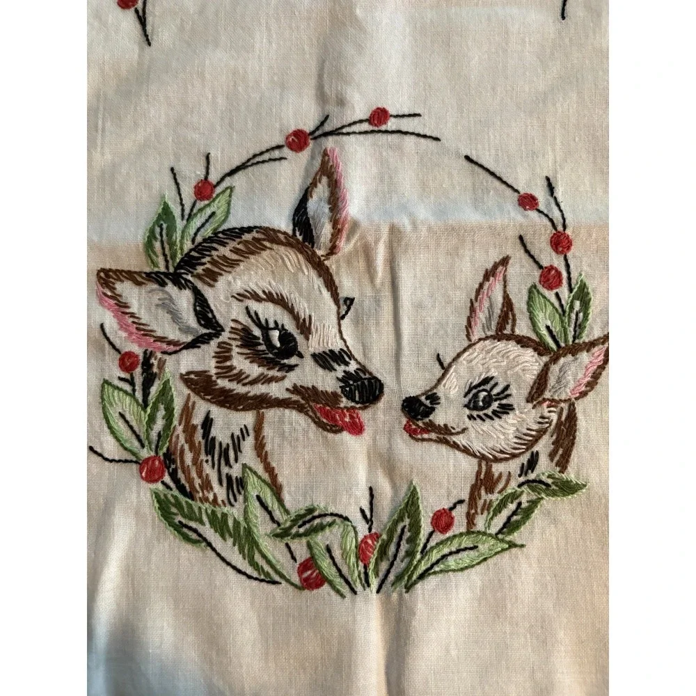 Vintage Hand Embroidered Tea Towel Table Runner Mom & Baby Deer White Red Green